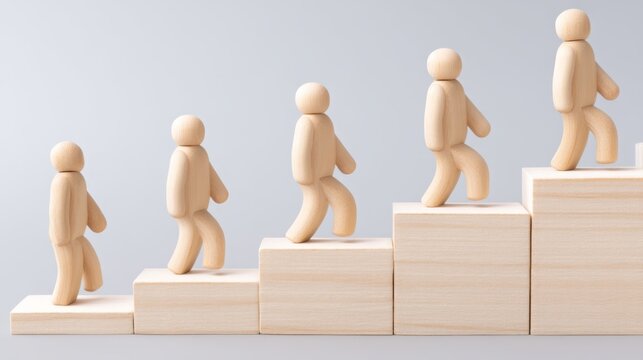 startup, corporate, opportunity, business mindset, Ascending Together: Wooden Figures Climbing Steps to Success in Team Progress and Business Hierarchy Concept with Copy Space