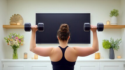 A woman is seen from behind, performing an overhead dumbbell press exercise in a well-lit room, facing a large television.