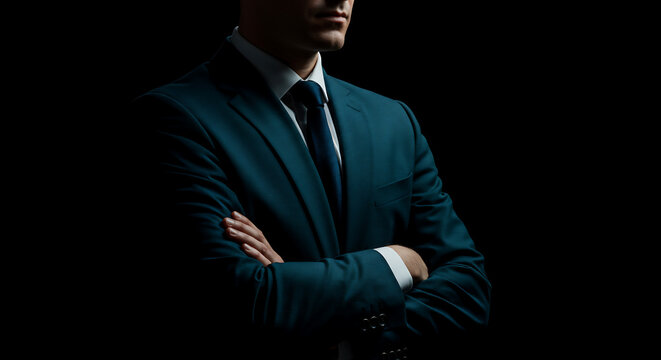 A confident businessman in a stylish teal suit and tie, arms crossed, dramatically lit against a dark background