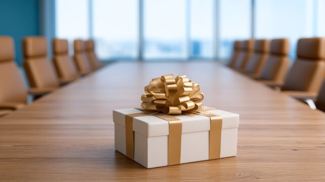 Gifting and Reward, Financial Planning and Budgeting concept. Corporate Budget Meeting Setup with Gift Box Centerpiece and Recognition Culture Integration, Copy Space Available - Powered by Adobe