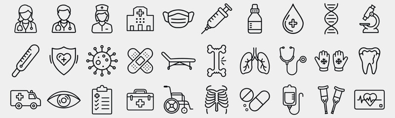 Medical Line Icons Set - Doctor, Nurse, Healthcare, Hospital,  Treatment, Stethoscope, Syringe, Ambulance, First Aid Kit, Medical Report, Dental Icon,  Lungs, and a Health Equipment Vector Collection