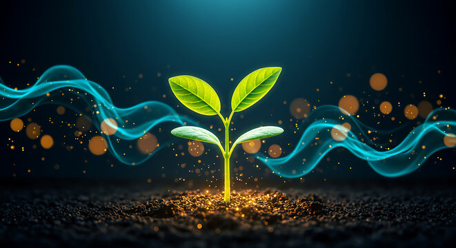 A glowing sprout grows from dark soil. Modern and futuristic artistic illustration depicting growth, environment, sustainability, and innovation
