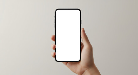A hand holds a modern smartphone with a blank white screen, ready for content
