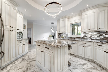 Exterior and interior of a modern Canad house with backyard, driveway, and complete living spaces. Includes living room, kitchen, bedrooms, bathrooms, hallways and basement