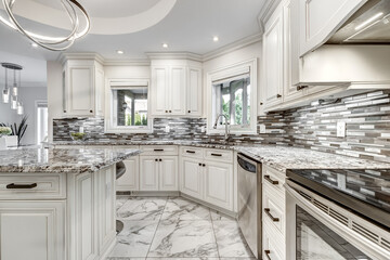 Exterior and interior of a modern Canad house with backyard, driveway, and complete living spaces. Includes living room, kitchen, bedrooms, bathrooms, hallways and basement