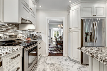 Exterior and interior of a modern Canad house with backyard, driveway, and complete living spaces. Includes living room, kitchen, bedrooms, bathrooms, hallways and basement