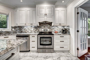 Exterior and interior of a modern Canad house with backyard, driveway, and complete living spaces. Includes living room, kitchen, bedrooms, bathrooms, hallways and basement