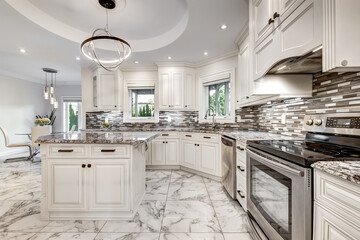 Exterior and interior of a modern Canad house with backyard, driveway, and complete living spaces. Includes living room, kitchen, bedrooms, bathrooms, hallways and basement