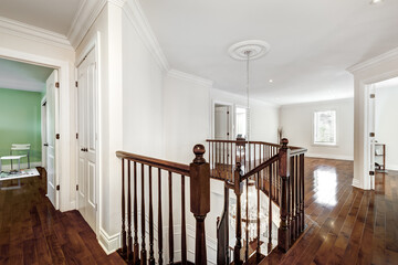 Exterior and interior of a modern Canad house with backyard, driveway, and complete living spaces. Includes living room, kitchen, bedrooms, bathrooms, hallways and basement