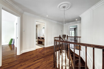 Exterior and interior of a modern Canad house with backyard, driveway, and complete living spaces. Includes living room, kitchen, bedrooms, bathrooms, hallways and basement