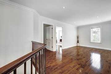 Exterior and interior of a modern Canad house with backyard, driveway, and complete living spaces. Includes living room, kitchen, bedrooms, bathrooms, hallways and basement