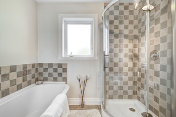 Exterior and interior of a modern Canad house with backyard, driveway, and complete living spaces. Includes living room, kitchen, bedrooms, bathrooms, hallways and basement