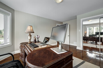 Exterior and interior of a modern Canad house with backyard, driveway, and complete living spaces. Includes living room, kitchen, bedrooms, bathrooms, hallways and basement