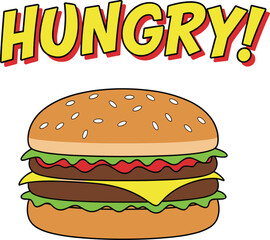 Colorful cartoon double cheeseburger illustration with sesame bun, cheese, lettuce, and bold hungry text, perfect for food advertising and marketing designs