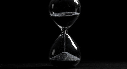A minimalist hourglass with glittering black sand falling through its narrow neck against a dark background