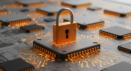 A padlock sits on a computer chip, symbolizing data protection and cybersecurity in a technological setting