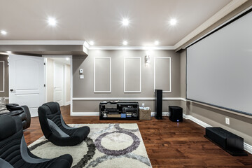 Exterior and interior of a modern Canad house with backyard, driveway, and complete living spaces. Includes living room, kitchen, bedrooms, bathrooms, hallways and basement