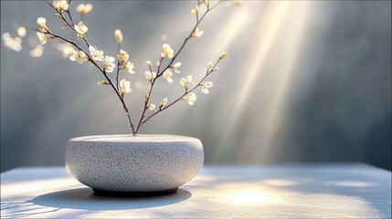 A minimalist arrangement of delicate white blossoms in a stone vase, illuminated by soft, diffused sunlight creating a serene and tranquil atmosphere.