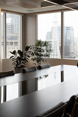 Modern office boardroom city skyline views sleek chairs indoor plants