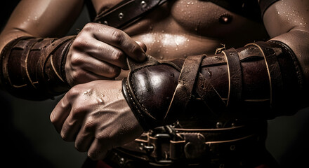 Sweaty muscular gladiator adjusting leather armor in dramatic lighting close up shot
