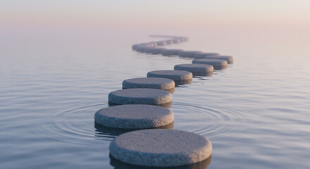A tranquil path of smooth stepping stones leads across calm water into a soft, misty horizon