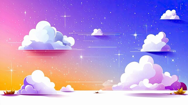 A surreal and colorful sky filled with soft, fluffy clouds and sparkling stars, transitioning from warm orange to cool purple.