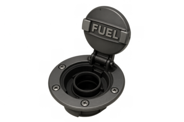 Car fuel filler door with cap open, showing fueling mechanism components and the word fuel on cover