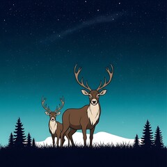 Two Majestic Deer in a Serene Winter Night Landscape with Snow-Capped Mountains and Pine Trees.