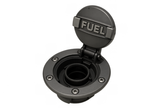 Car fuel filler door with cap open, showing fueling mechanism components and the word fuel on cover