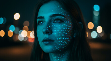 A young woman's face is illuminated with a projected data pattern