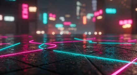 Abstract cyberpunk city street scene. Neon lights illuminate the wet tile surface, creating a futuristic and atmospheric environment
