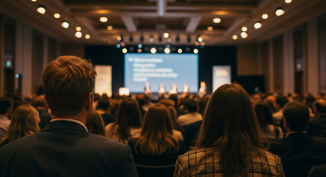 Attendees watch a conference presentation in a large auditorium - Powered by Adobe
