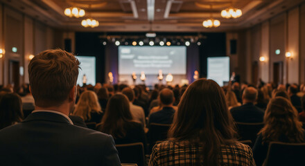 Naklejka premium Audience members in a large conference hall attending a business presentation or seminar. People are focused on a screen, listening to a speaker