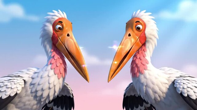 Two cute cartoon storks facing each other, perfect for use in children&rsquo;s learning videos about birds and symmetry.