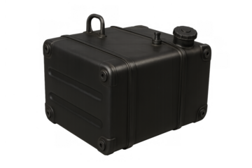 Black plastic fuel tank, portable jerry can for gasoline, diesel, and liquid storage, transparent background