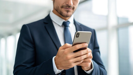 Confident businessman uses smartphone for business communication in modern suit, connecting, networking, and closing deals with efficiency and style today