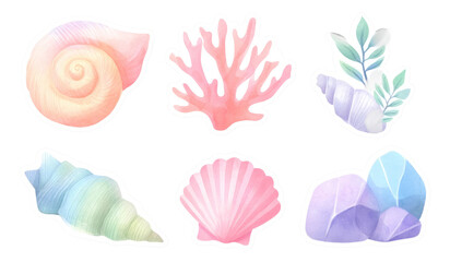 Fototapeta premium Tropical Watercolor Shell Collection Summer Edition for Beach-themed Decor