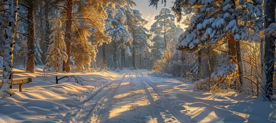 Serene winter wonderland  snow covered forest path amidst majestic pine trees and soft lighting