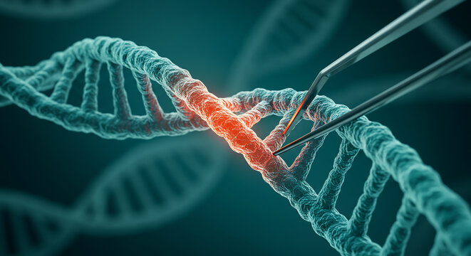 Conceptual illustration of DNA editing with tweezers. The image depicts genetic engineering and gene modification