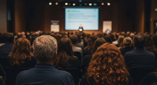 Conference attendees listen attentively to a speaker. The audience is diverse, showcasing a professional setting - Powered by Adobe