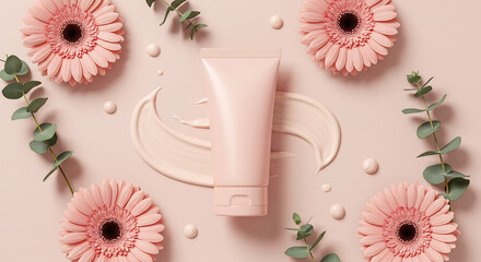 Cosmetic product tube with flower decorations and a foundation smear on a pastel pink background, creating a luxurious and elegant vibe