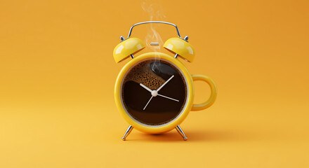 Creative yellow alarm clock resembling a steaming coffee mug, filled with dark coffee and clock hands