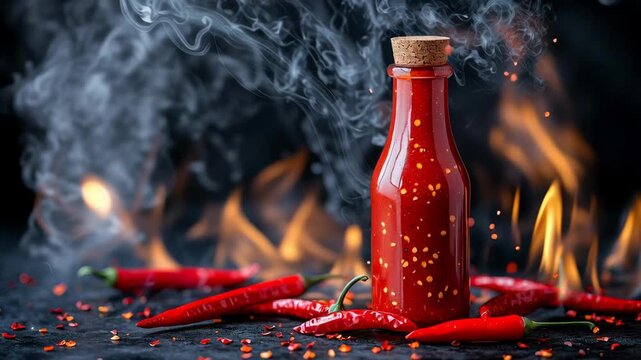 Spicy hot sauce bottle surrounded by chili peppers and smoke effects in a warm setting