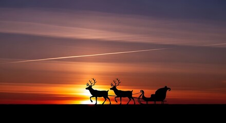 Silhouette of Santas sleigh and reindeer against a vibrant sunset sky.