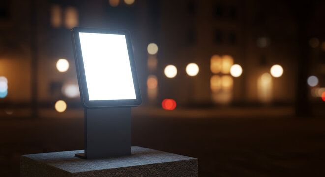 Digital information display in a public setting at night. The sleek screen is blank, ideal for advertising or interactive content