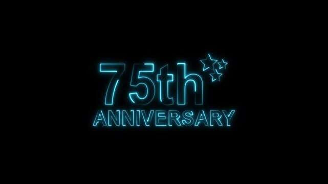 Celebrate 75th anniversary with glowing pink neon text and sparkling stars on a black backdrop, perfect for invitations, cards, and social media posts, evoking joy and milestone achievement