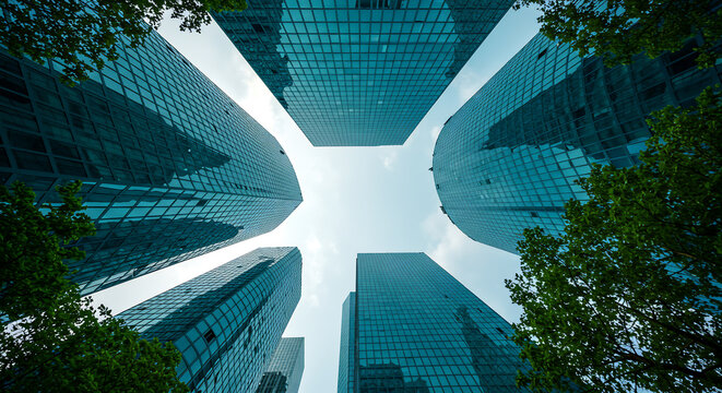 Dramatic low-angle view of modern glass skyscrapers in an urban financial district