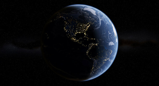 Earth from space shows city lights at night, illustrating global connectivity - Powered by Adobe