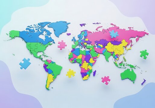 Colorful world map puzzle pieces connecting continents and countries concept