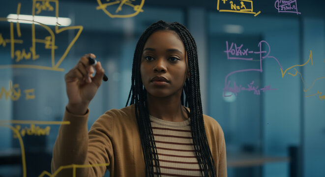 Focused young African American businesswoman brainstorming on a glass wall